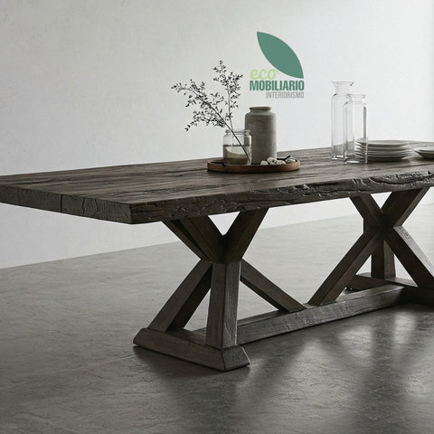 Mesa comedor línea Natura antigua con base de doble pedestal cruzado