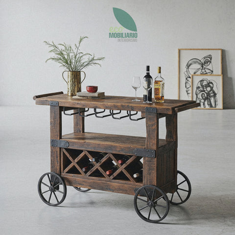 Carrito de servicio de madera con cava y ruedas antiguas